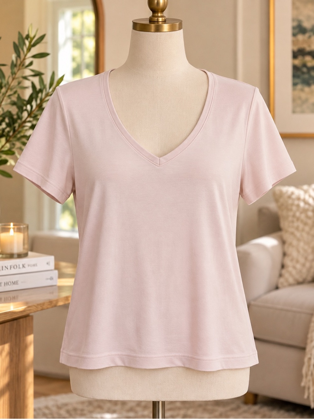 Route 66 Light Pink V-Neck Short Sleeve Tee